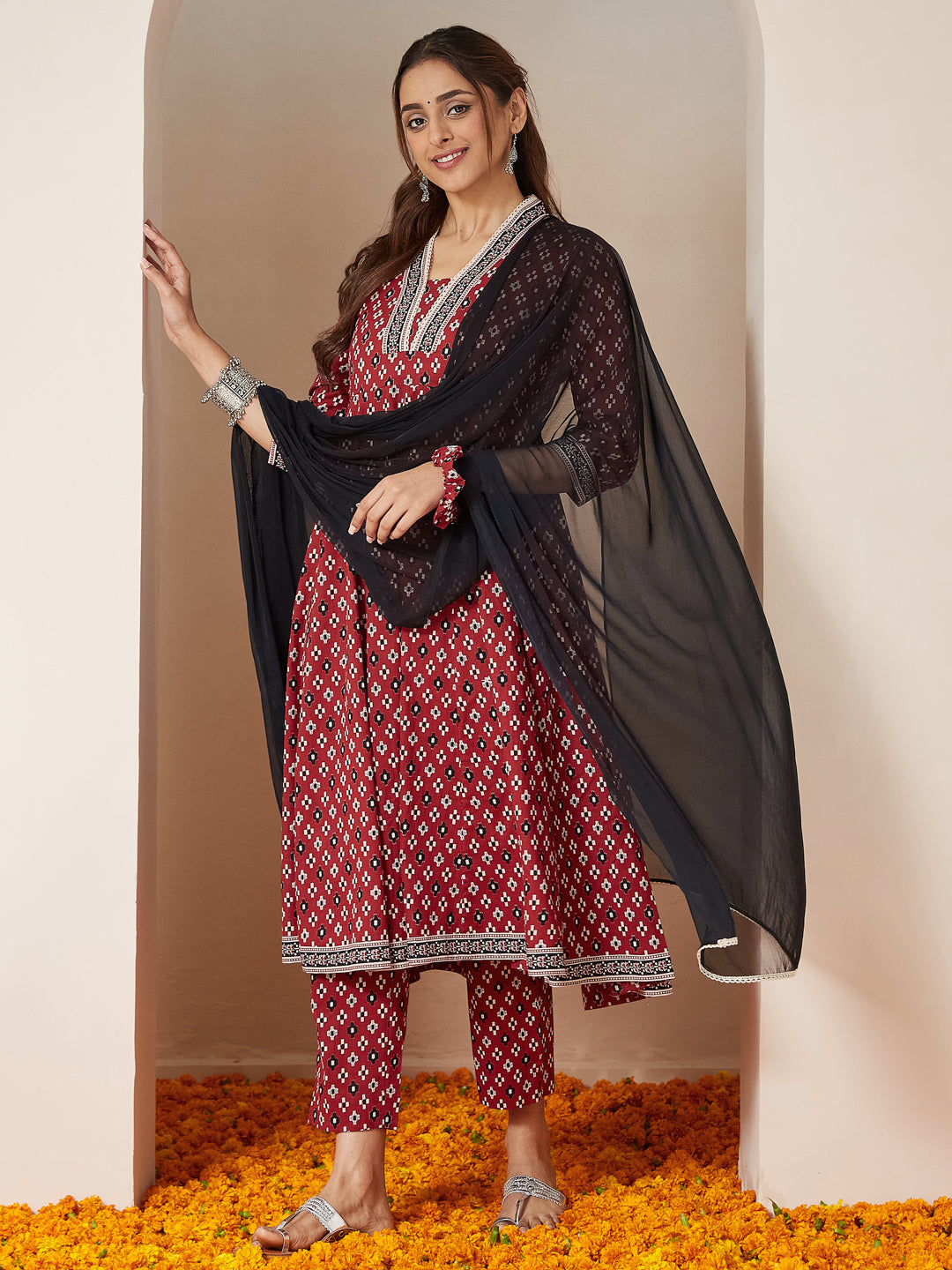 Janasya Dark Cotton Ikkat Anarkali Kurta Set