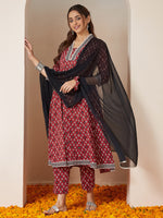 Thumbnail for Janasya Dark Cotton Ikkat Anarkali Kurta Set