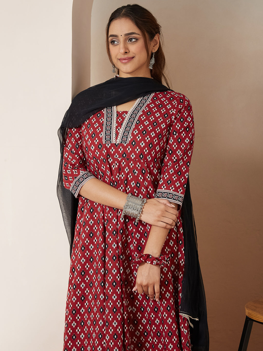 Janasya Dark Cotton Ikkat Anarkali Kurta Set