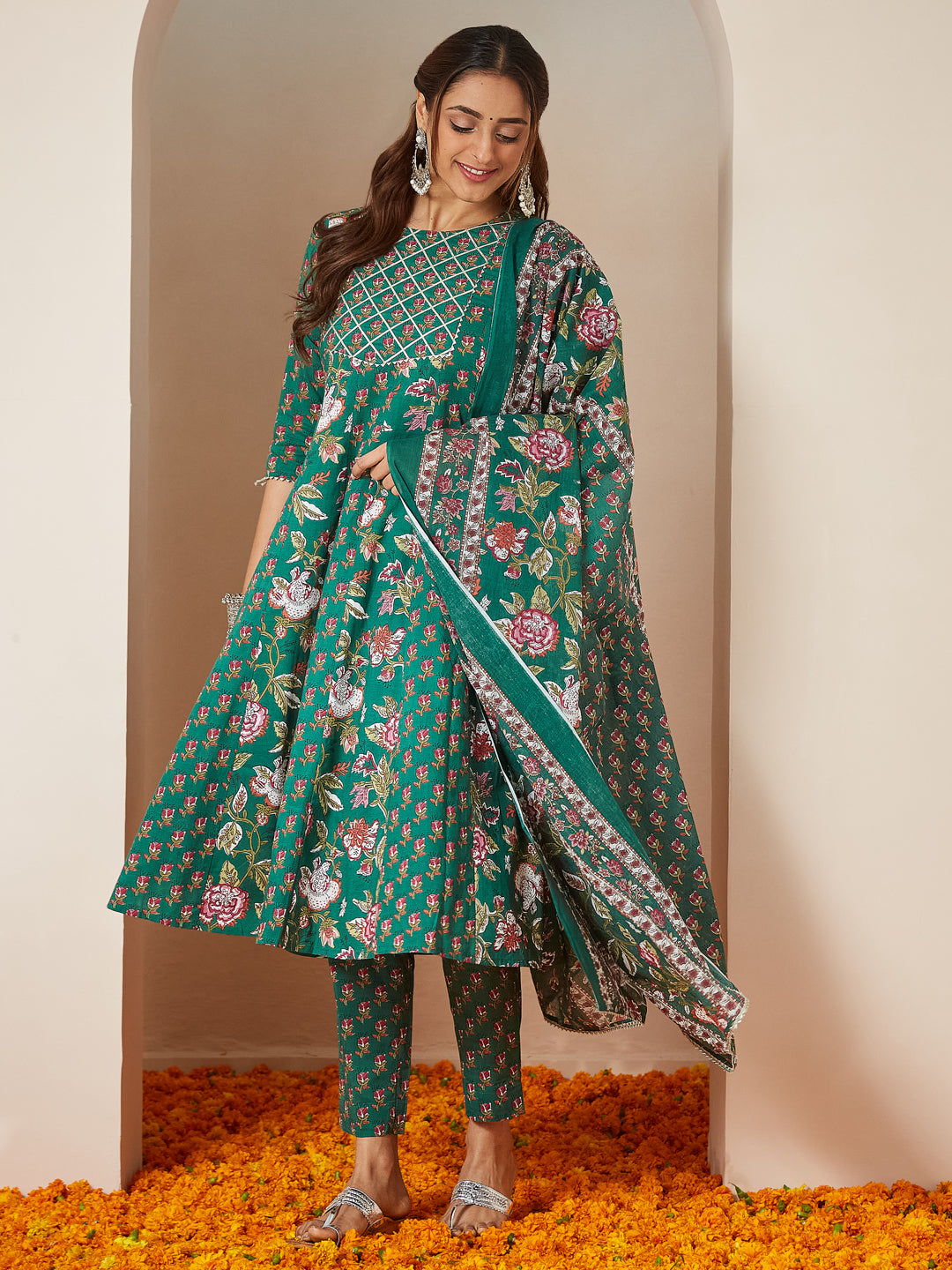 Janasya Bright Cotton Floral Anarkali Kurta Set