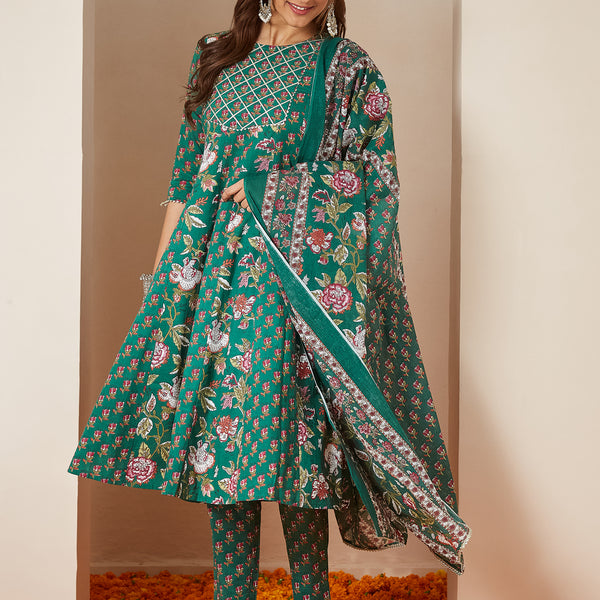 Janasya Bright Cotton Floral Anarkali Kurta Set