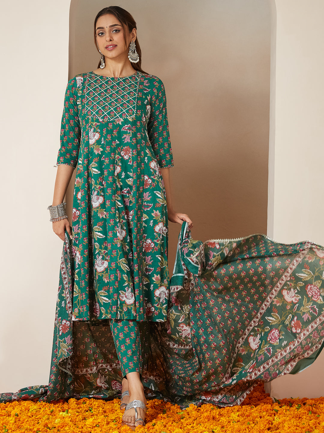Janasya Bright Cotton Floral Anarkali Kurta Set