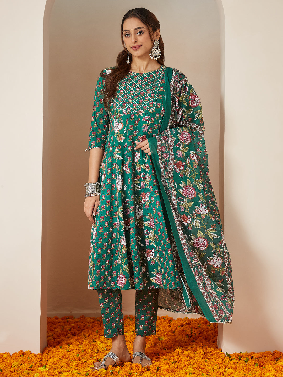 Janasya Bright Cotton Floral Anarkali Kurta Set