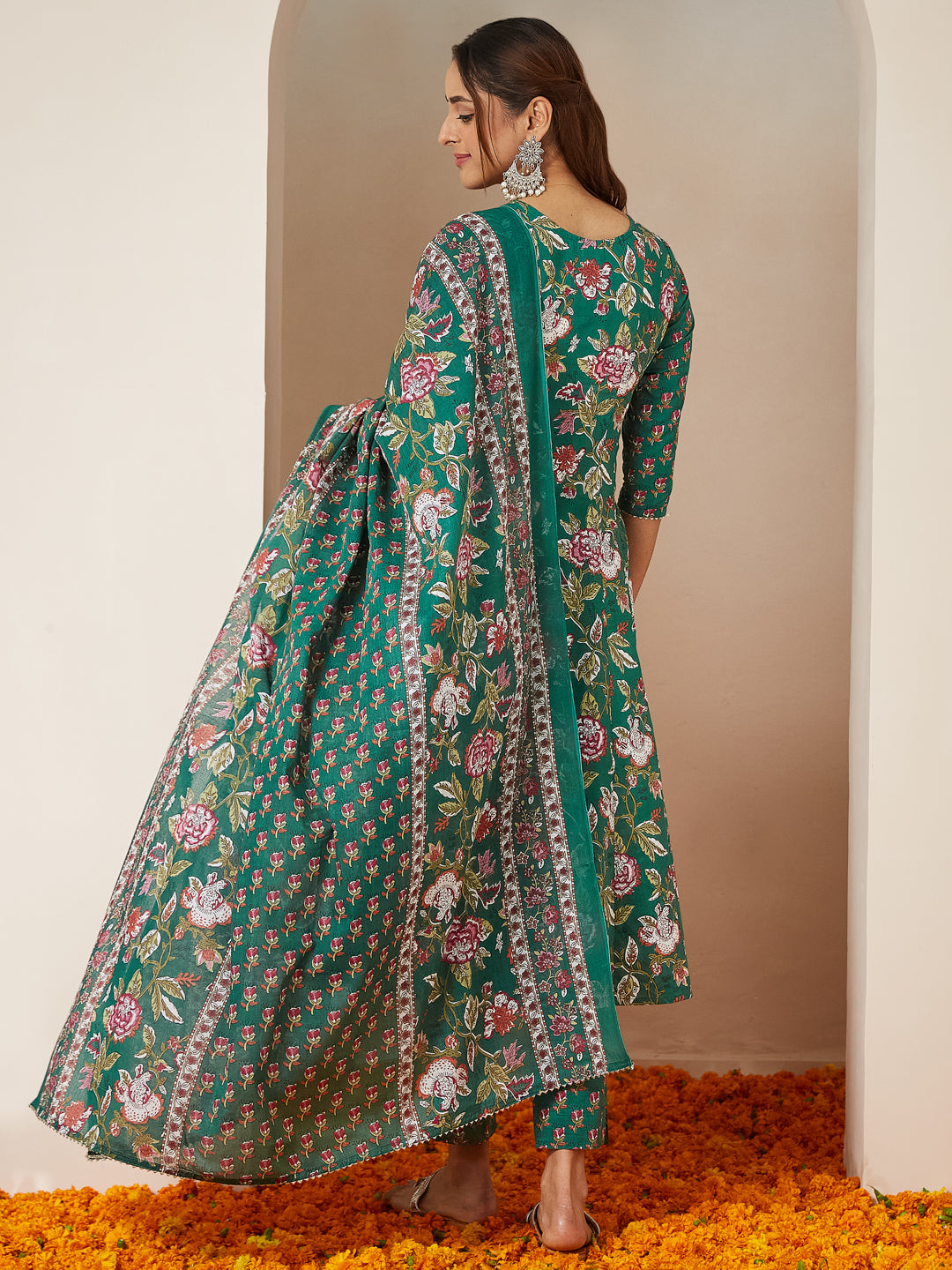 Janasya Bright Cotton Floral Anarkali Kurta Set