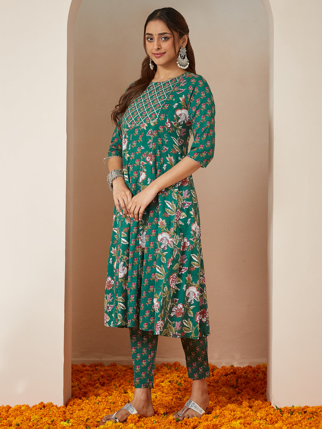 Janasya Bright Cotton Floral Anarkali Kurta Set