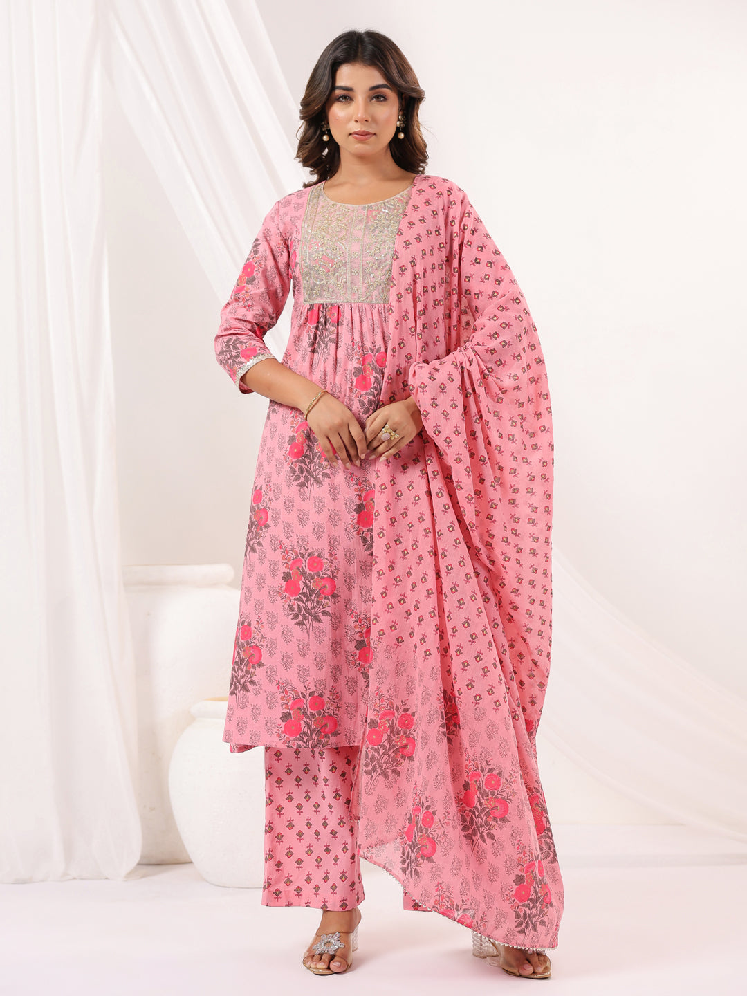Janasya Light Cotton Floral A-Line Kurta Set