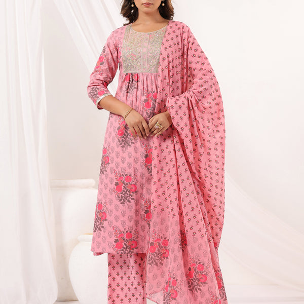 Janasya Light Cotton Floral A-Line Kurta Set