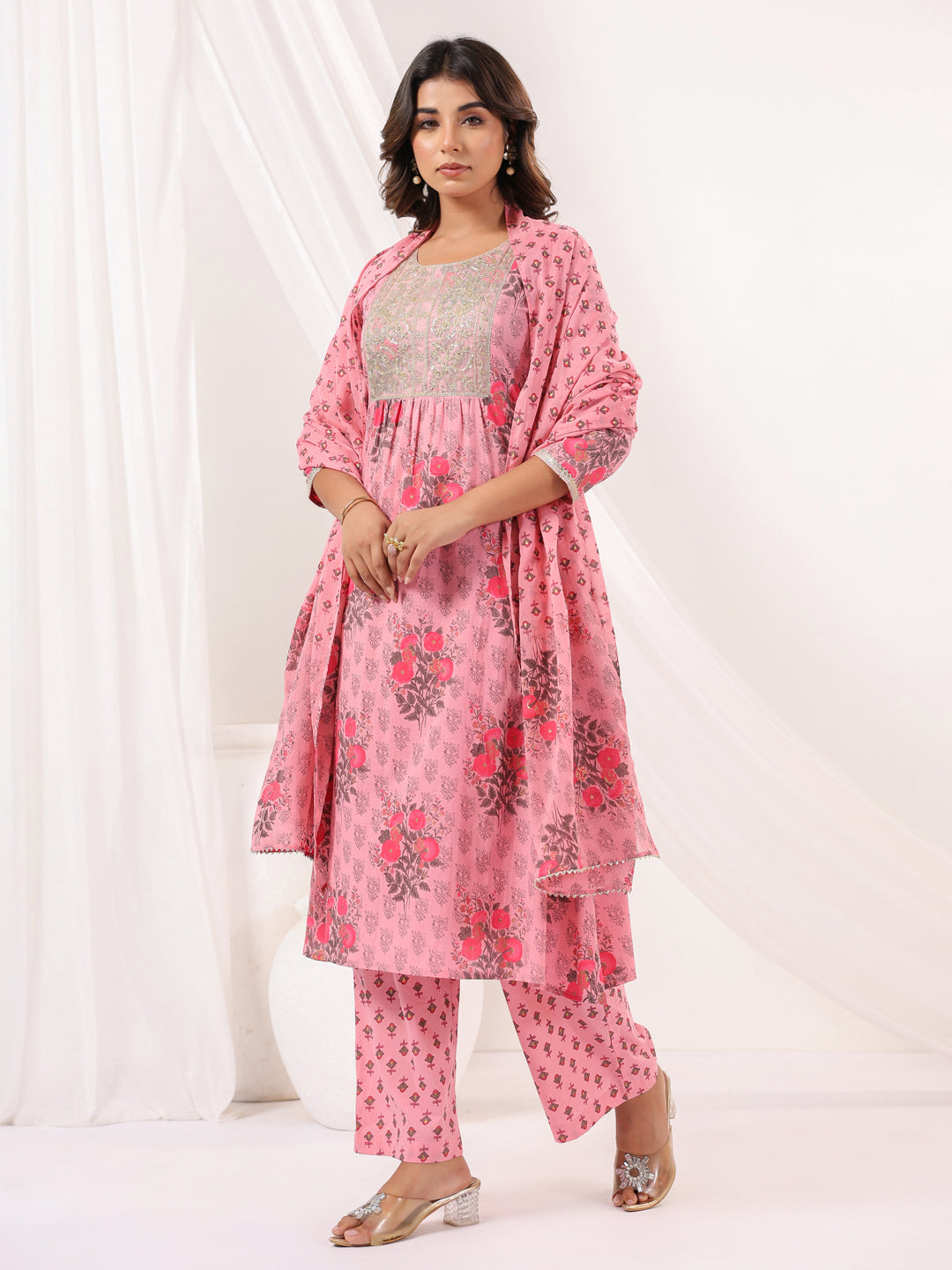 Janasya Light Cotton Floral A-Line Kurta Set