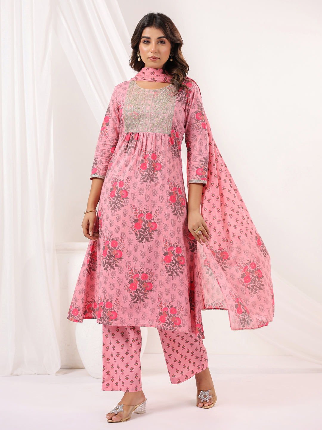 Janasya Light Cotton Floral A-Line Kurta Set