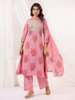 Thumbnail for Janasya Light Cotton Floral A-Line Kurta Set