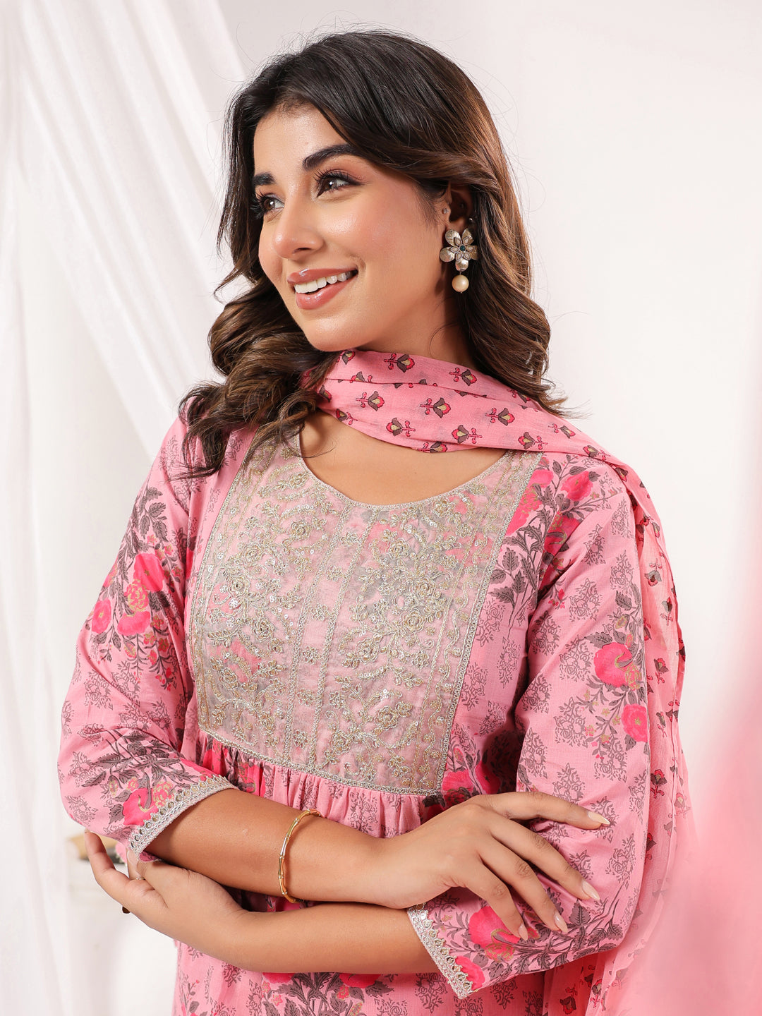 Janasya Light Cotton Floral A-Line Kurta Set