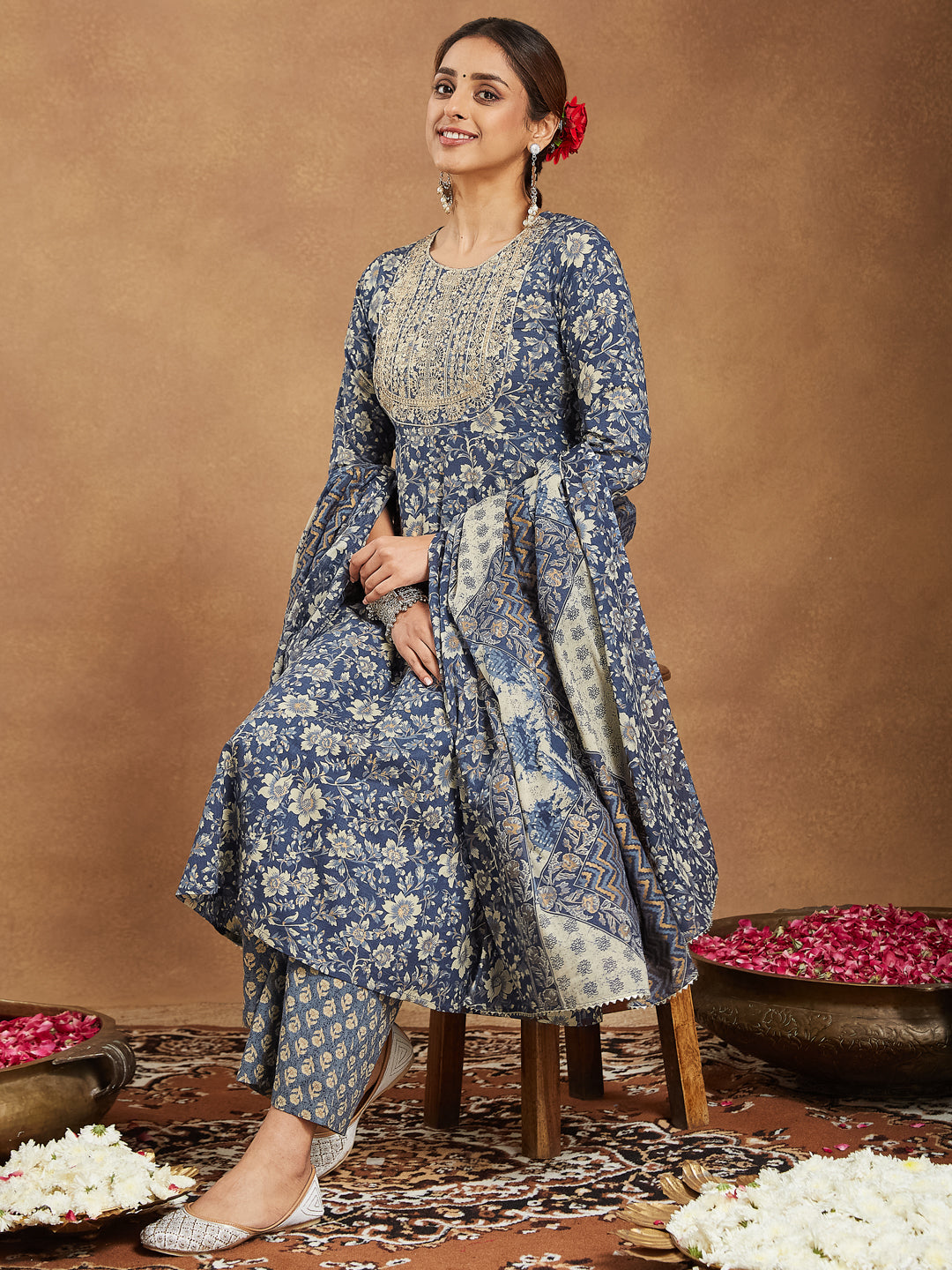 Janasya Dark Cotton Floral Anarkali Kurta Set