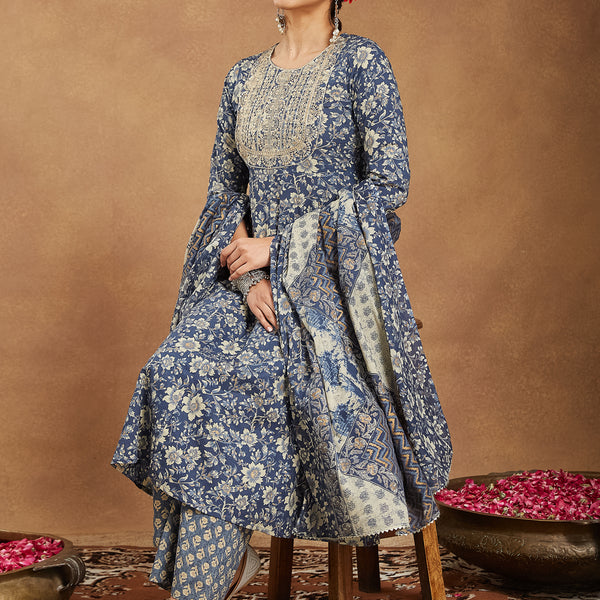 Janasya Dark Cotton Floral Anarkali Kurta Set
