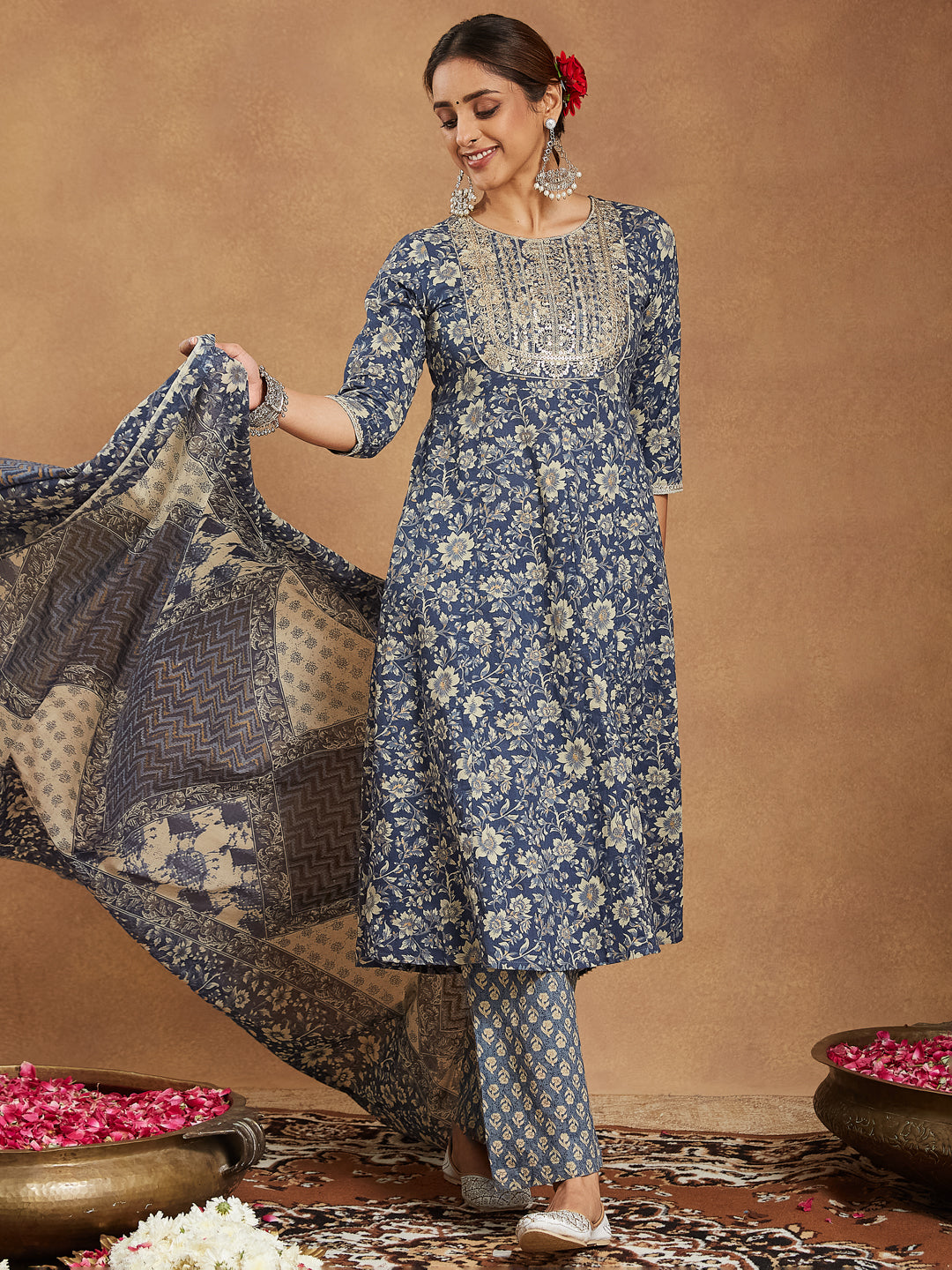 Janasya Dark Cotton Floral Anarkali Kurta Set