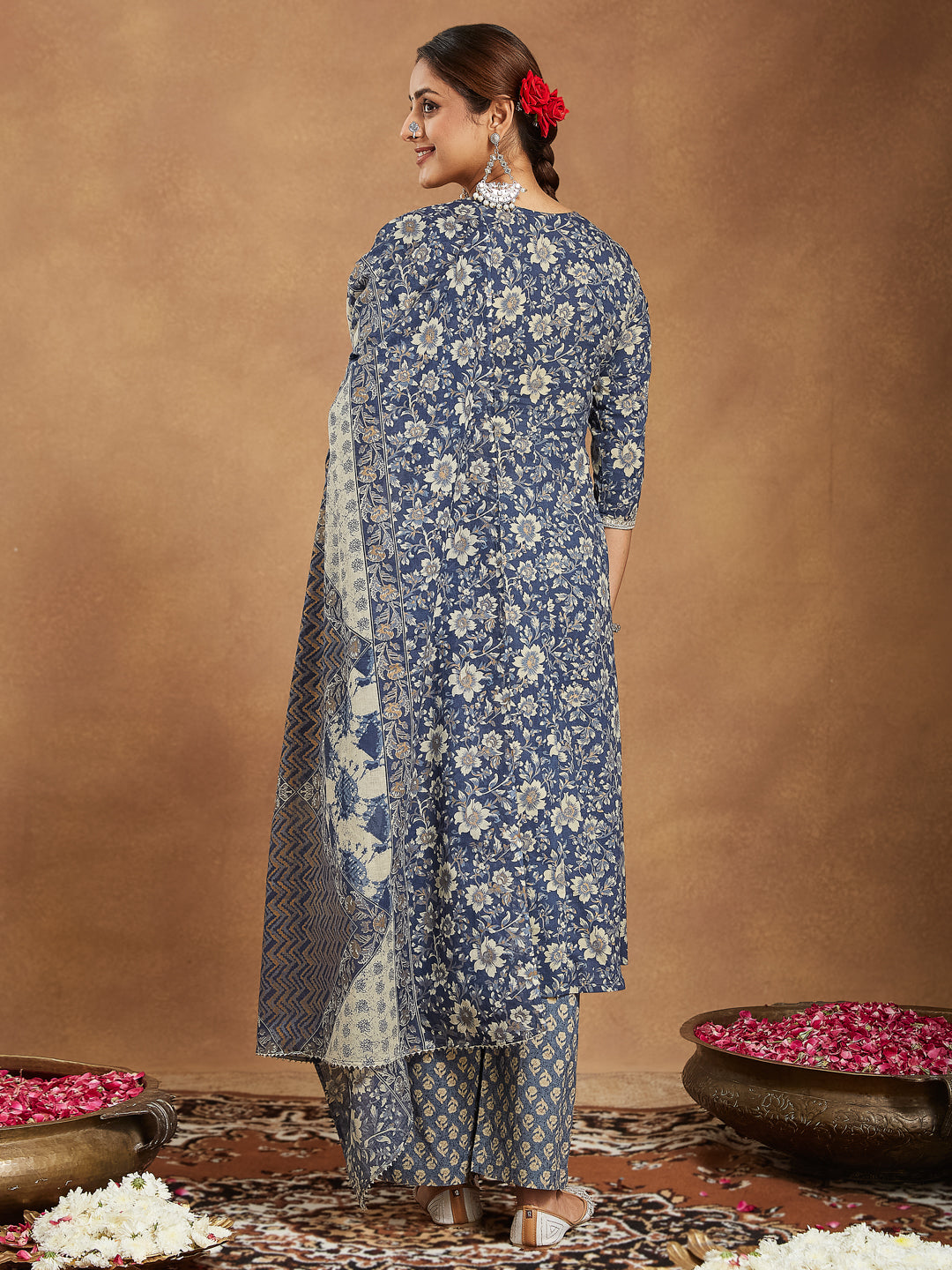 Janasya Dark Cotton Floral Anarkali Kurta Set