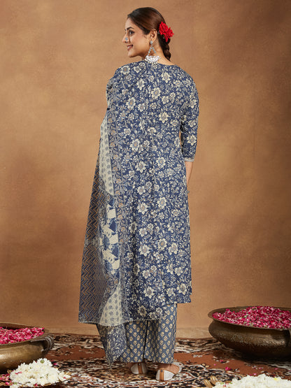 Janasya Dark Cotton Floral Anarkali Kurta Set - Distacart