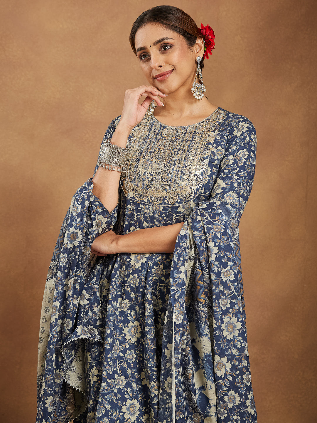 Janasya Dark Cotton Floral Anarkali Kurta Set - Distacart