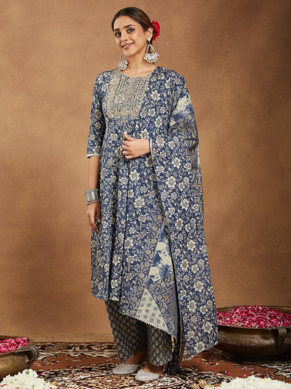 Janasya Dark Cotton Floral Anarkali Kurta Set - Distacart