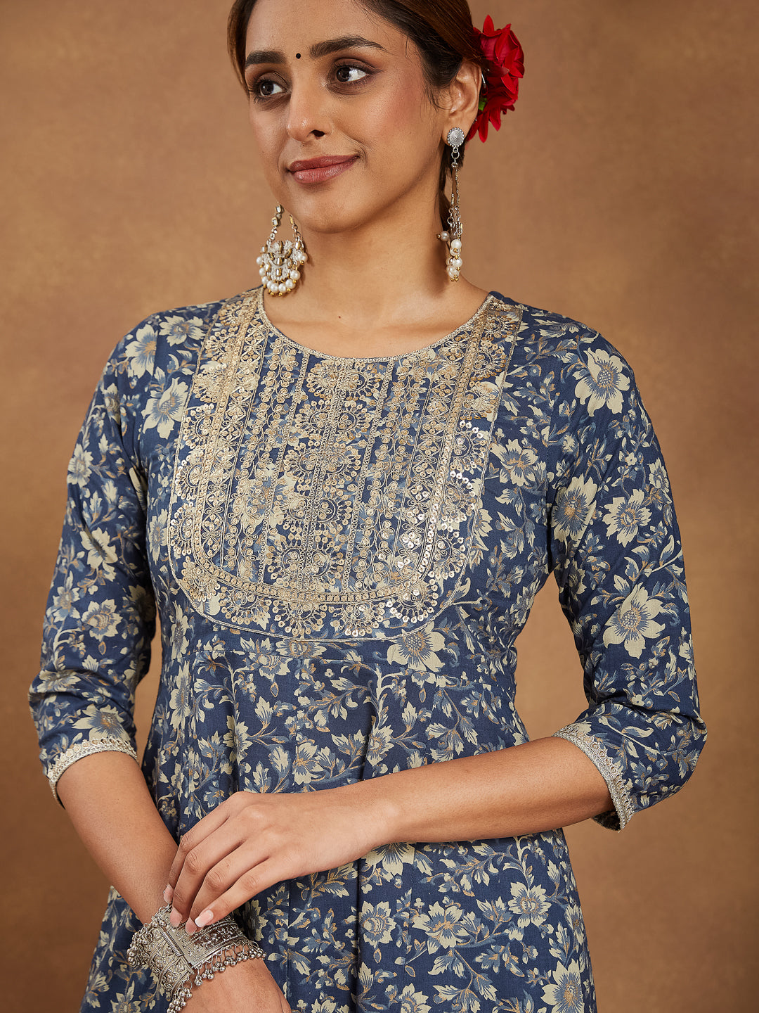 Janasya Dark Cotton Floral Anarkali Kurta Set - Distacart