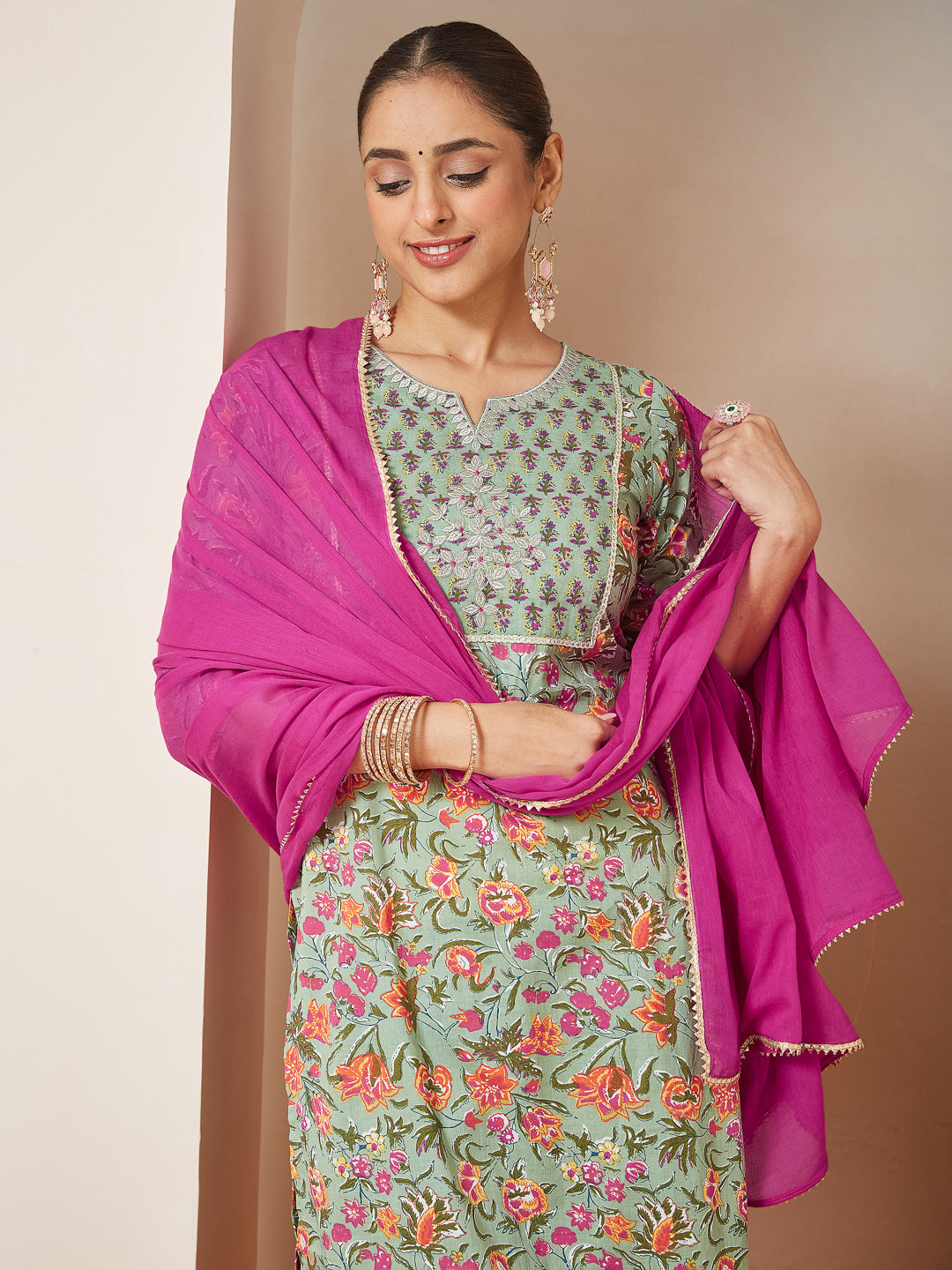 Janasya Light Cambric Floral A-Line Kurta Set