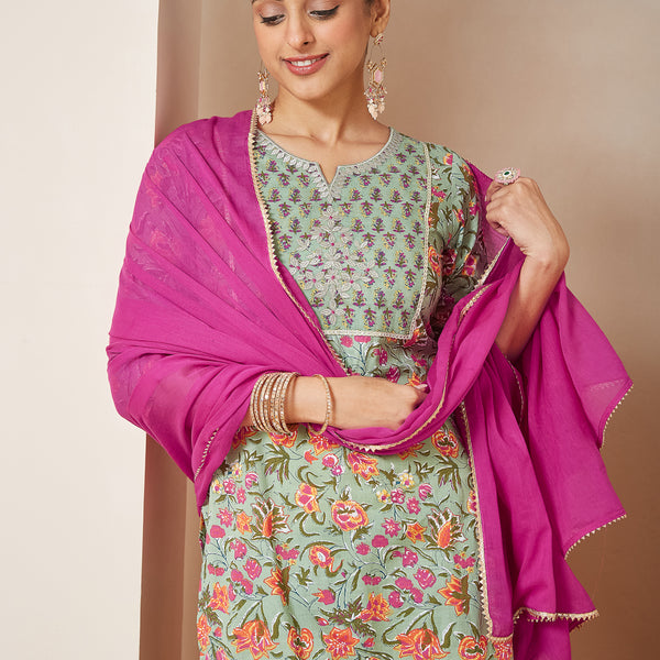 Janasya Light Cambric Floral A-Line Kurta Set