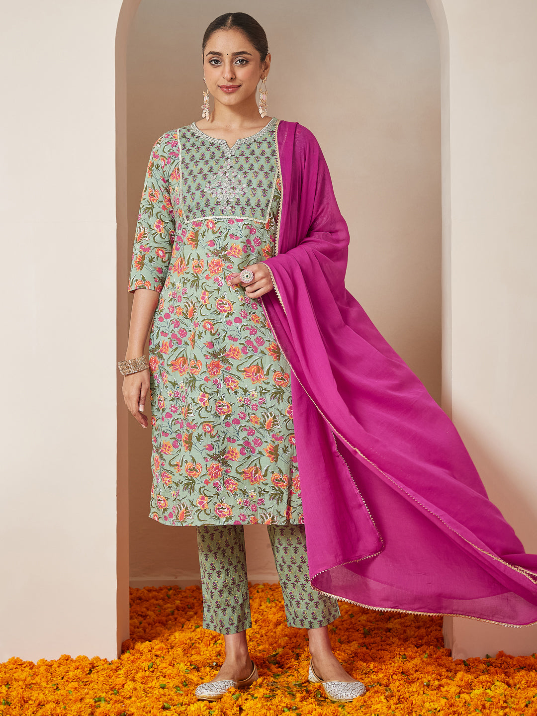 Janasya Light Cambric Floral A-Line Kurta Set