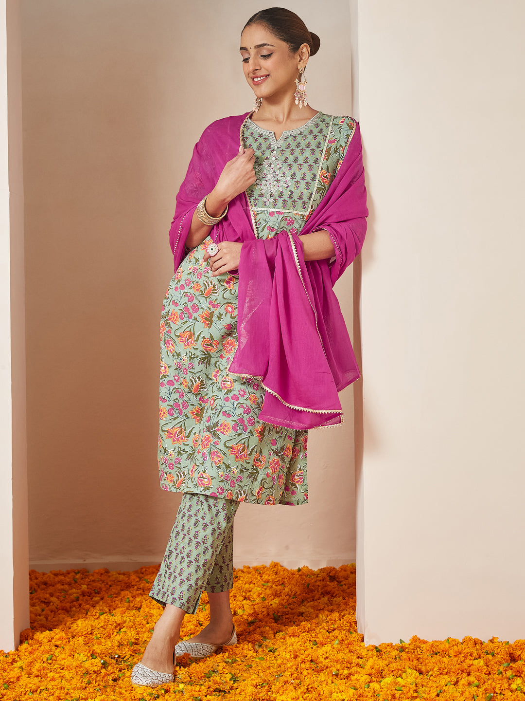 Janasya Light Cambric Floral A-Line Kurta Set - Distacart