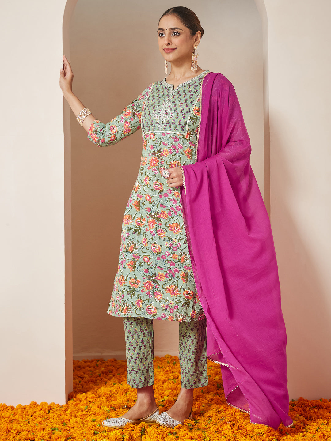Janasya Light Cambric Floral A-Line Kurta Set - Distacart