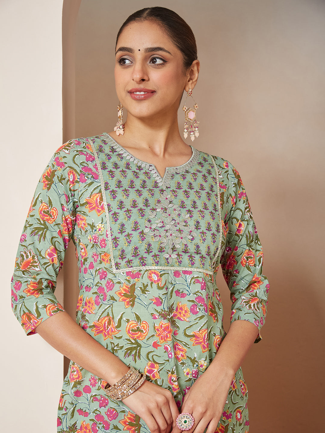 Janasya Light Cambric Floral A-Line Kurta Set