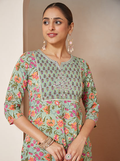 Janasya Light Cambric Floral A-Line Kurta Set - Distacart