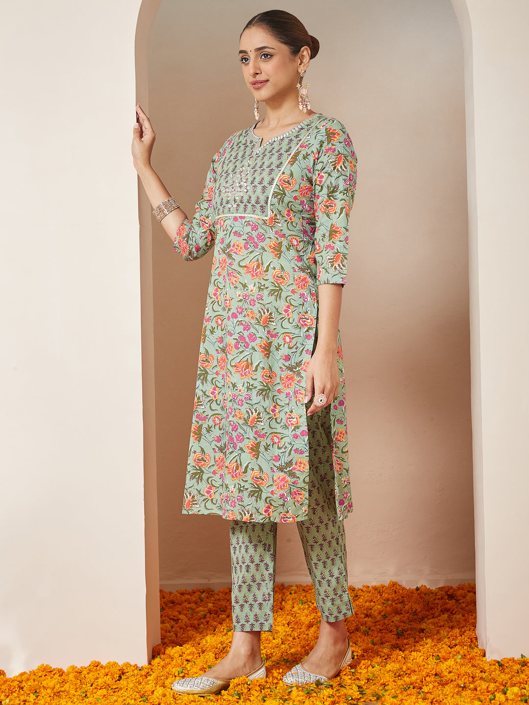 Janasya Light Cambric Floral A-Line Kurta Set - Distacart