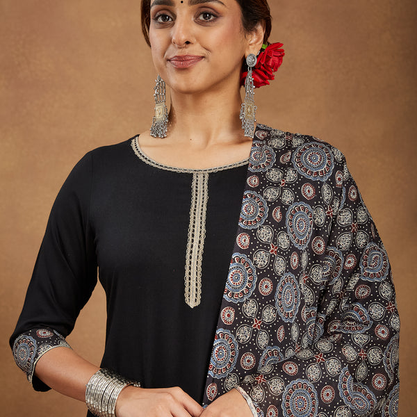 Janasya Dark Rayon Ajrakh Straight Kurta Set