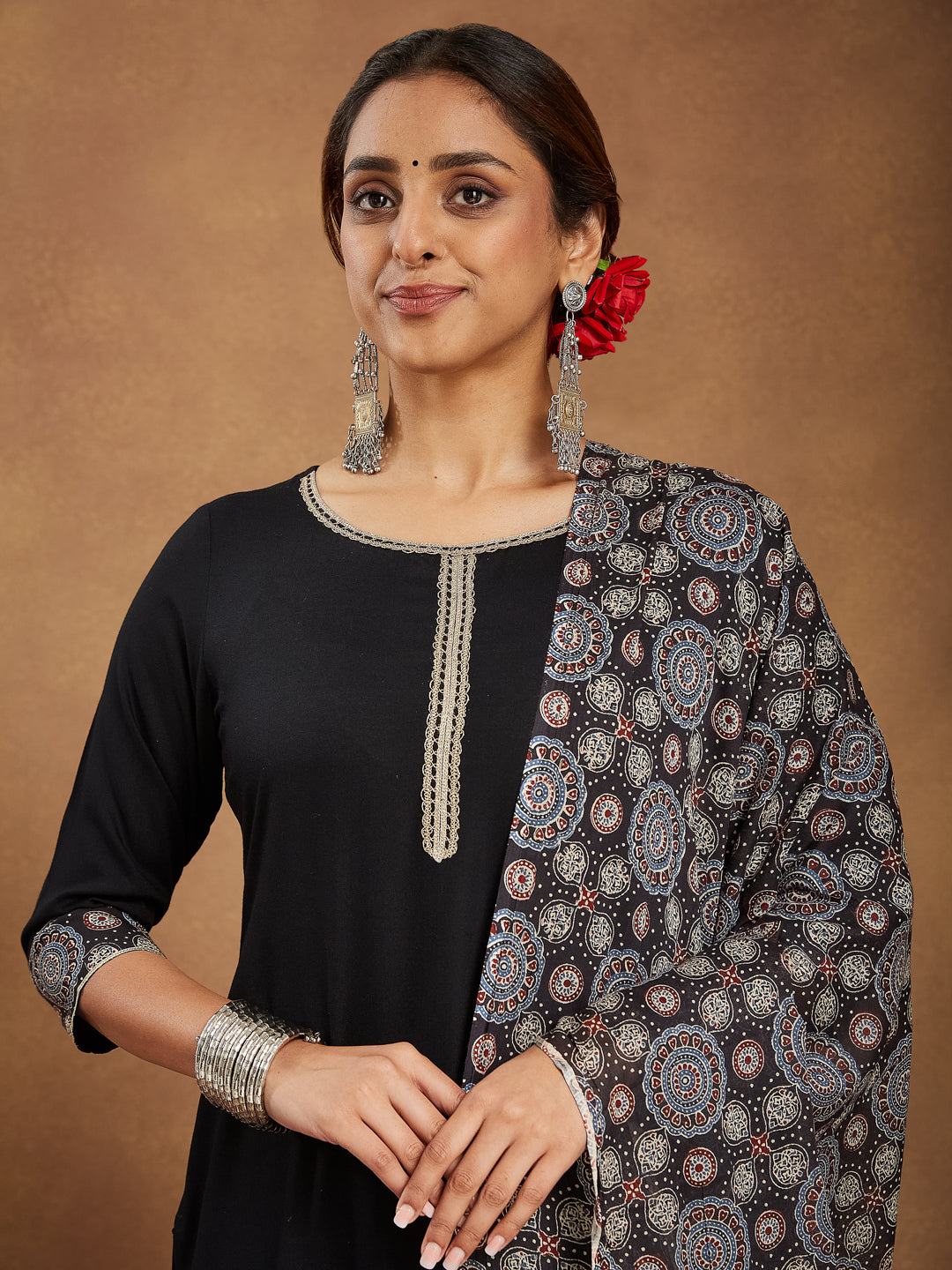Janasya Dark Rayon Ajrakh Straight Kurta Set - Distacart