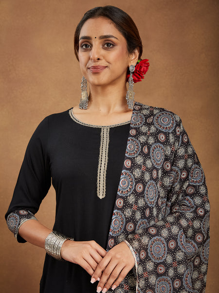 Janasya Dark Rayon Ajrakh Straight Kurta Set