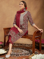 Thumbnail for Janasya Dark Cotton Ethnic Motifs Straight Kurta Set