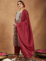 Thumbnail for Janasya Dark Cotton Ethnic Motifs Straight Kurta Set