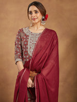 Thumbnail for Janasya Dark Cotton Ethnic Motifs Straight Kurta Set