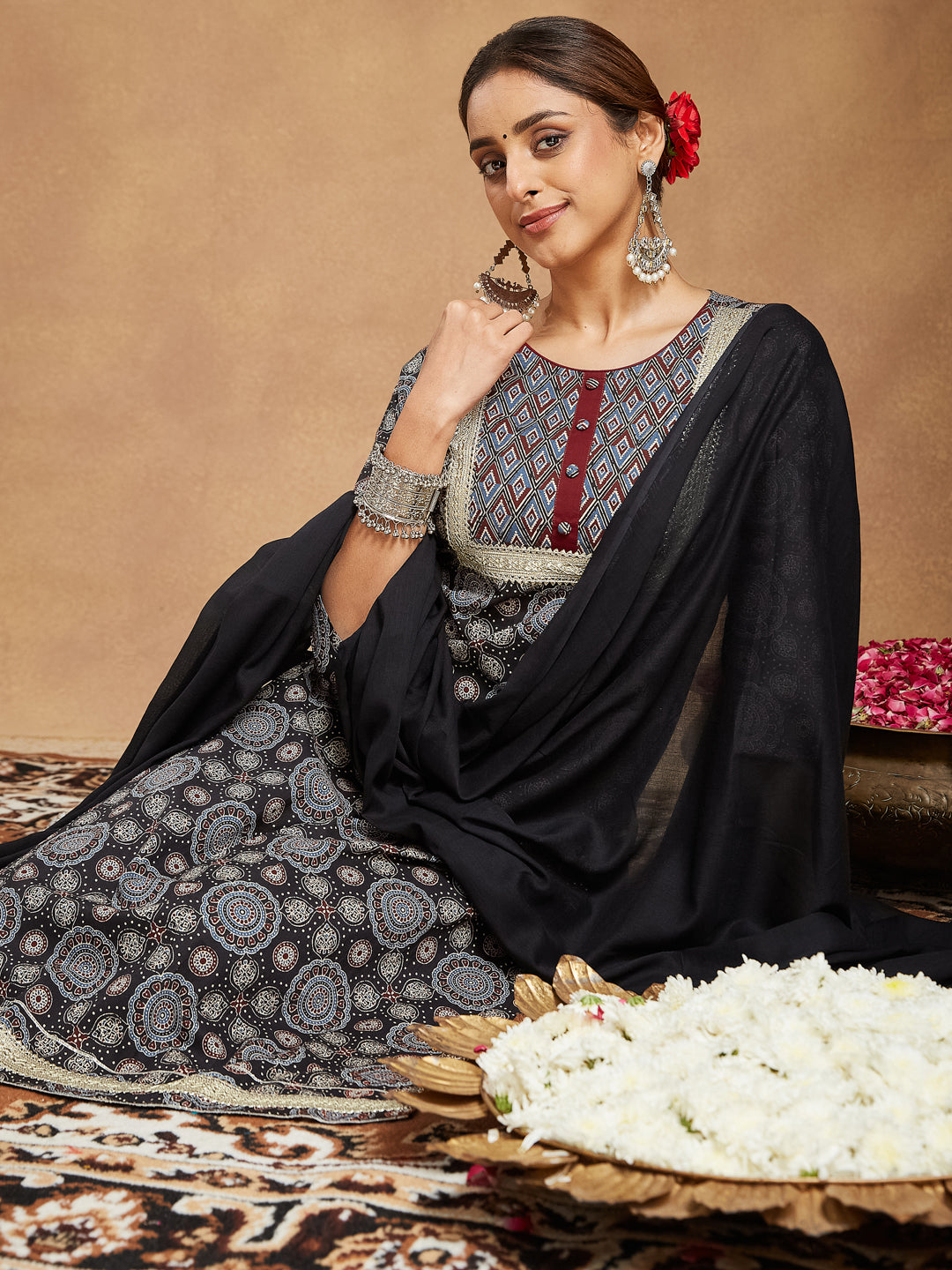 Janasya Dark Cotton Ajrakh Straight Kurta Set - Distacart