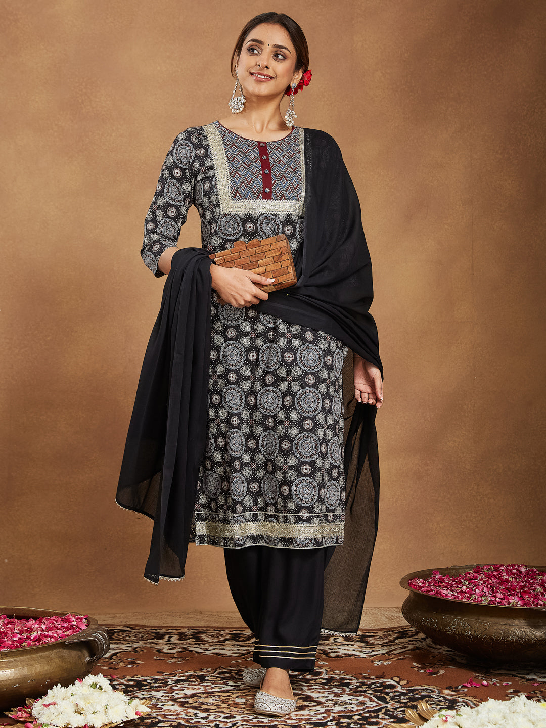 Janasya Dark Cotton Ajrakh Straight Kurta Set