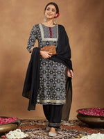 Thumbnail for Janasya Dark Cotton Ajrakh Straight Kurta Set