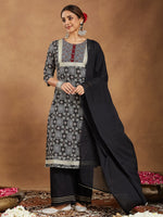 Thumbnail for Janasya Dark Cotton Ajrakh Straight Kurta Set