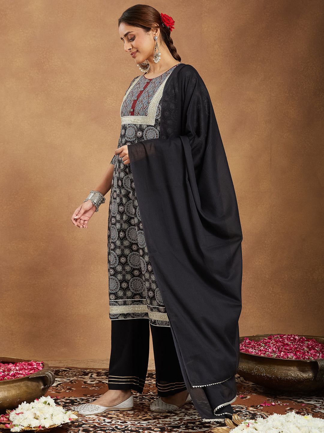 Janasya Dark Cotton Ajrakh Straight Kurta Set