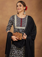 Thumbnail for Janasya Dark Cotton Ajrakh Straight Kurta Set