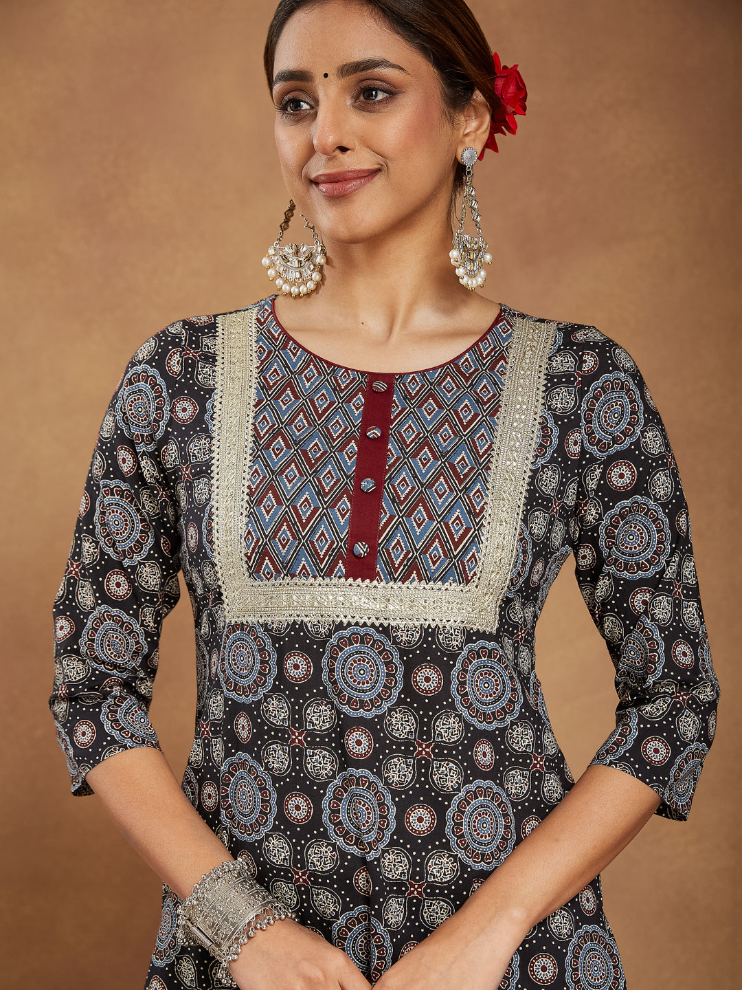 Janasya Dark Cotton Ajrakh Straight Kurta Set