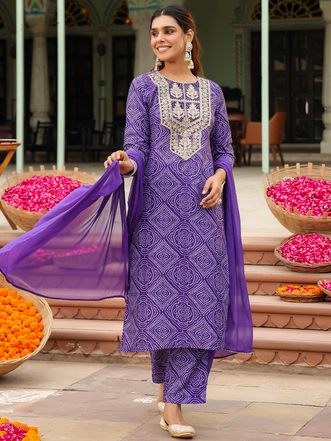 Janasya Purple Straight Rayon Blend Kurta,Bottom & Dupatta - Dista