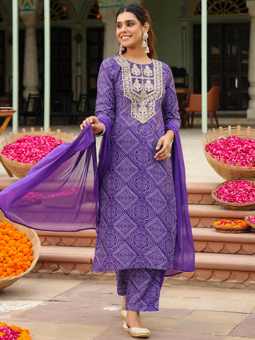 Janasya Purple Straight Rayon Blend Kurta,Bottom & Dupatta - Dista
