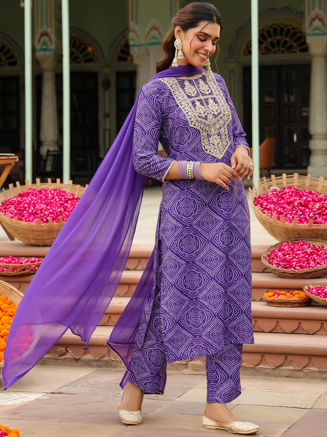 Janasya Purple Straight Rayon Blend Kurta,Bottom & Dupatta - Dista