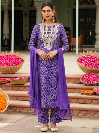 Janasya Purple Straight Rayon Blend Kurta,Bottom & Dupatta - Dista