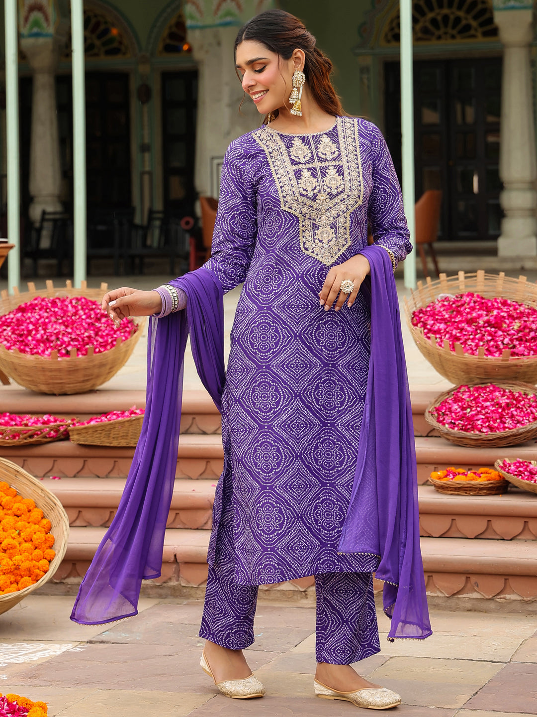 Janasya Purple Straight Rayon Blend Kurta,Bottom & Dupatta - Dista