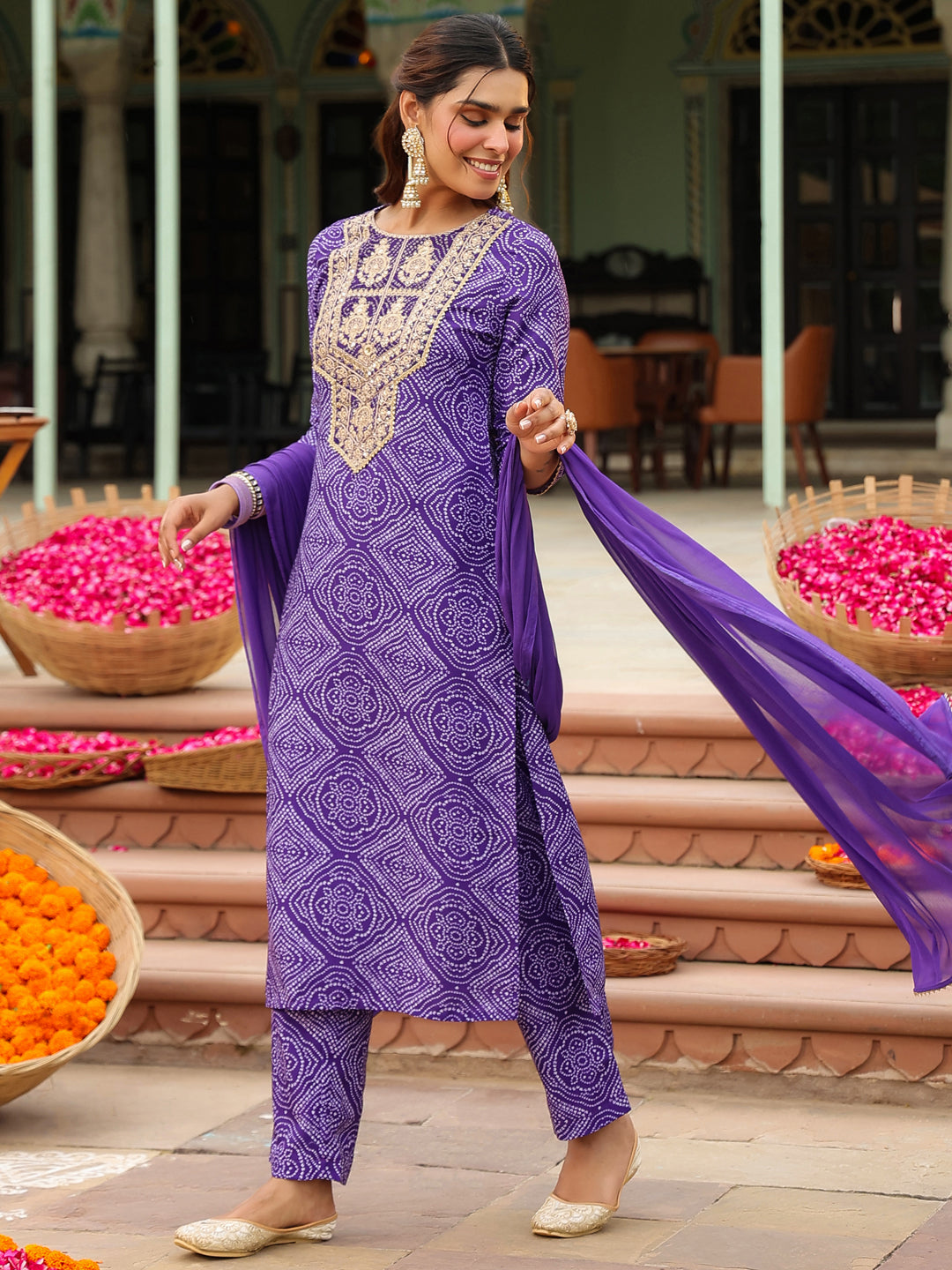 Janasya Purple Straight Rayon Blend Kurta,Bottom & Dupatta - Dista